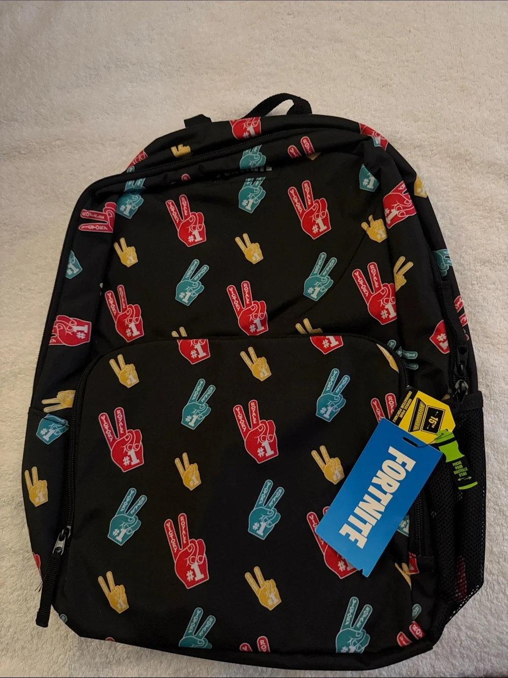 Fortnite Black Backpack with Multi-Color Peace Sign Print. NWT